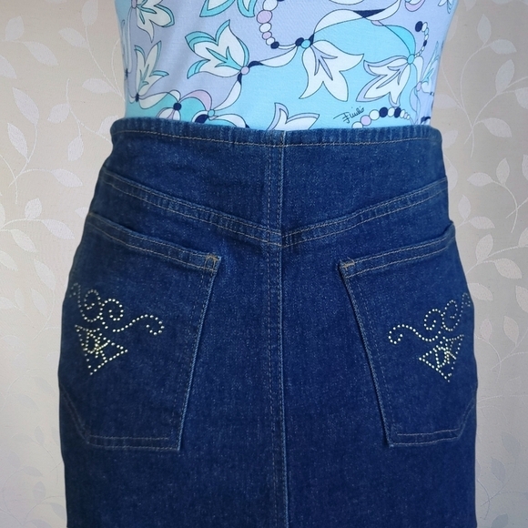 Vintage Y2K DKNY Embellished Logo Side Slits Stretch Denim Skirt Dark Wash - Picture 8 of 16